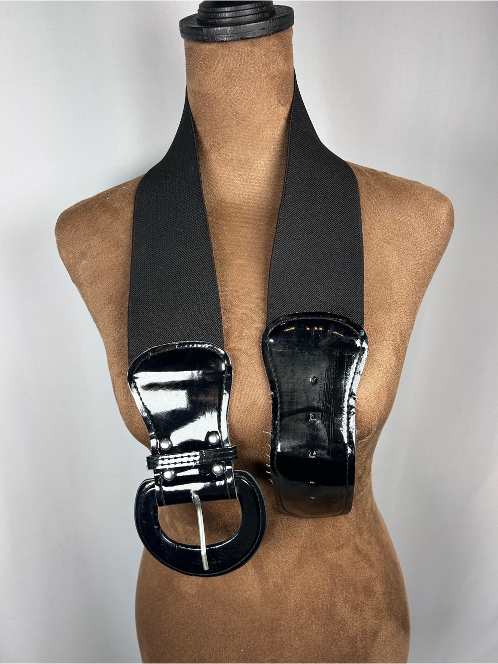 Stretch Wide Black Patent Buckle Waist Belt
